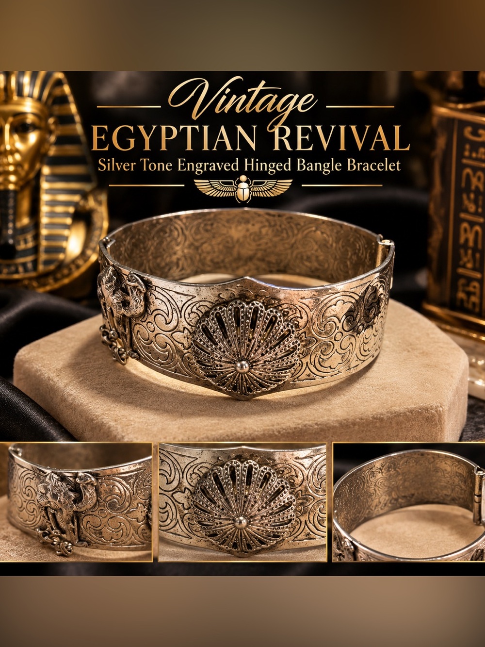 Vintage Egyptian Revival Silver-Tone Engraved Hinged Bangle Bracelet